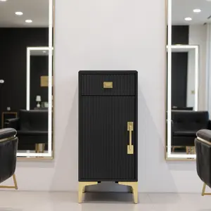 Black Fluted Salon Cabinet - Barber Station with Golden Handle for Salon Organization 2027