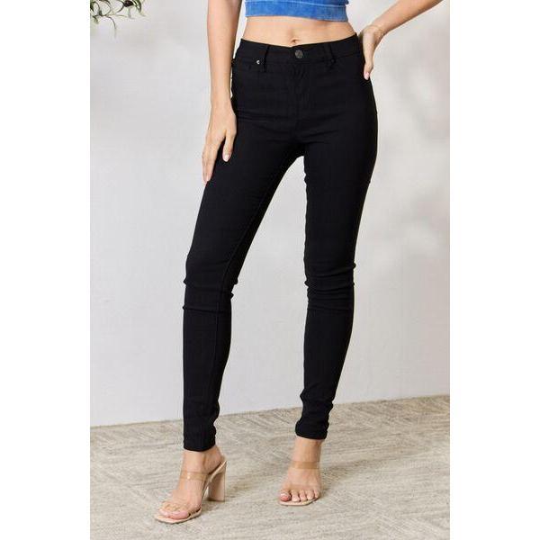 Fallon Hyperstretch Mid-Rise Skinny Jeans in Black Comfort Spandex Womenswear Bottom