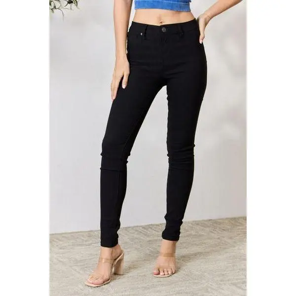 Fallon Hyperstretch Mid-Rise Skinny Jeans in Black Comfort Spandex Womenswear Bottom