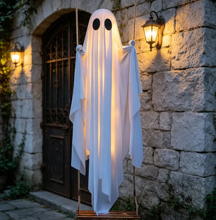 New-Style Large Glowing White Hanging Swing Ghost Ornament, Festive Halloween Decor for Outdoor Porch