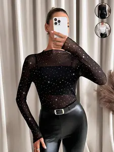 Women's Sequined Mesh Sheer Sexy Top, Slim Fit Elastic T-Shirt, Stylish and Comfortable Casual Wear, Perfect for Parties and Daily Use