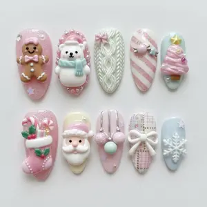 Pastel Christmas Press On Nails | Cute 3D Gingerbread, Santa & Polar Bear Nail Set | Pink Winter Holiday Nails | Kawaii Xmas Nail Art Gift