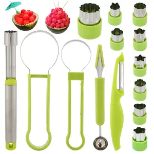 14Pcs Stainless Steel Melon Baller Scoop Set, 4-in-1 Multifunctional Fruit Tools, Peeler Slicer Pulp Separator Seed Remover, DIY Fruit Vegetable Cutting Mold, Practical Kitchen Prep Gadgets