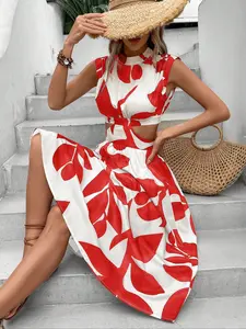 New Fashion Sexy High Waist Floral Print Long Dress Women's Party Dresses, Elegant Plant Pattern Maxi Dress for Ladies, Chic