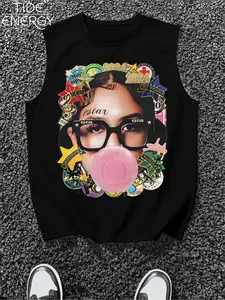 Men's Oversized Casual Y2K Pop Art Graphic Patchwork Sleeveless Vest, Hip Hop Streetwear Crop Top with Bubblegum and Gold Foil Details