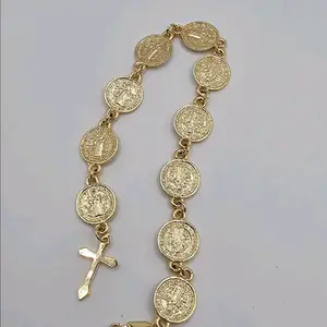 bracelet with cross & Saint Benedict Gold-plated 8"inches