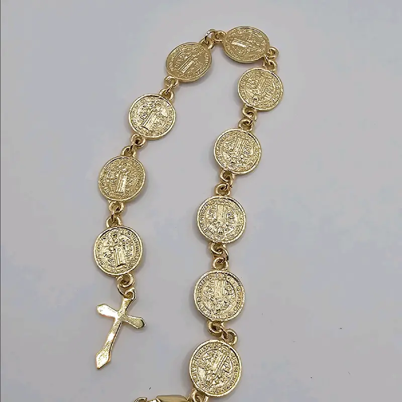 bracelet with cross & Saint Benedict Gold-plated 8"inches