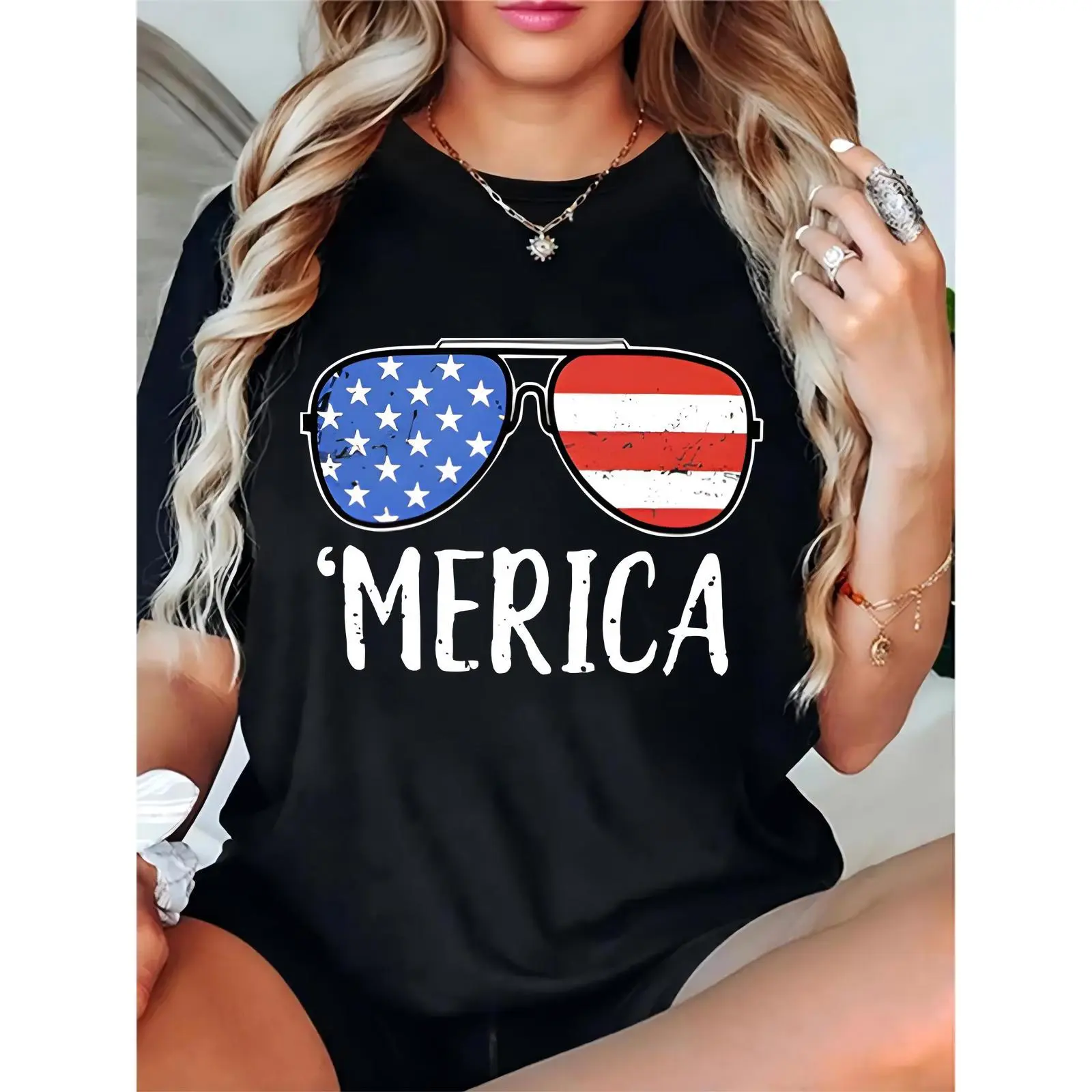 Women's Black T-Shirt with US Flag Sunglasses & 'MERICA Graphic - 4th of July Independence Day Casual Holiday Top