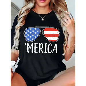 Women's Black T-Shirt with US Flag Sunglasses & 'MERICA Graphic - 4th of July Independence Day Casual Holiday Top