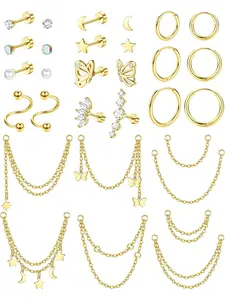 30 Pcs Golden Cartilage Earrings Set for Women Men Premium Stainless Steel Copper Durable for Daily Wear Huggie Hoop Earrings Smooth Flat Back Studs Delicate Chain Dangle Ornaments Sparkling Shiny CZ Vivid Star Moon Butterfly Classic Popular Shapes