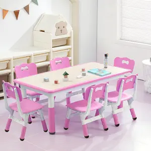 7PCS Table and Chairs Set,Height Adjustable 1 Table 6 Chairs,Multi-Activity Table w/Non-Slip Legs,Graffiti Desktop for Home Daycares