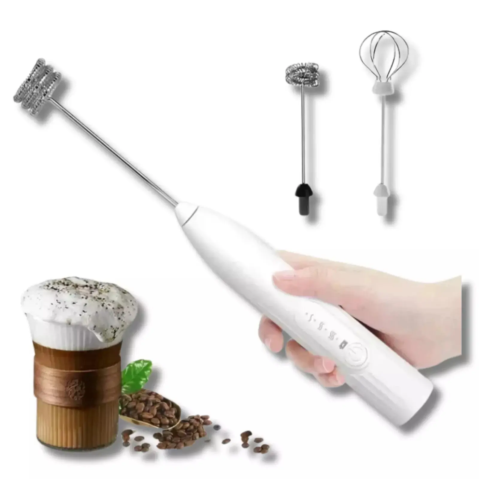 Handheld Milk Frother - 3-Speed Electric Coffee & Tea Accessory with Double Whisk, Ergonomic Handle, 1-Click Switch, ABS & Stainless Steel Build, USB Rechargeable