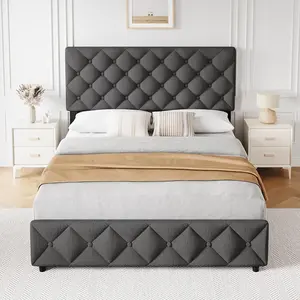 King Size Bed Frame with 4 Storage Drawers and Adjustable Headboard  Upholstered Platform Bed Frame with Storage  Diamond Stitched Button Tufted Easy Assembly  No Box Spring Needed  Gray