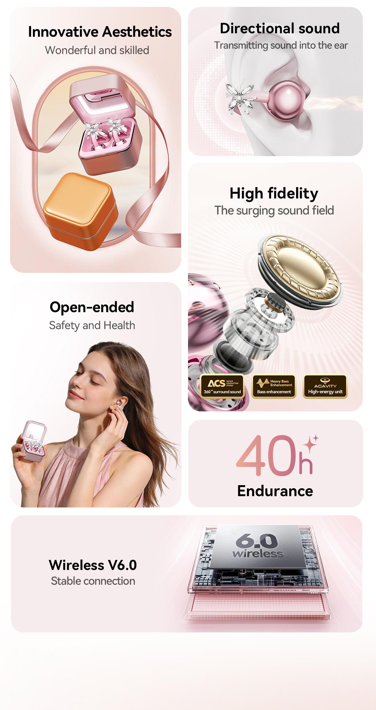 Chengruida M161 ,Butterfly earrings ,Portable Beauty Tool Clip-On Headphones, Fashion Earring Style Open Ear Wireless Earbuds with Panoramic Surround Sound
