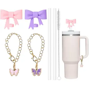 Cute Butterfly & Bowknot Design Drinkware Accessories Set, 7 Counts/set Including Silicone Straw Cover & Straw & Charm & Straw Brush, Drinkware Accessories for Gift