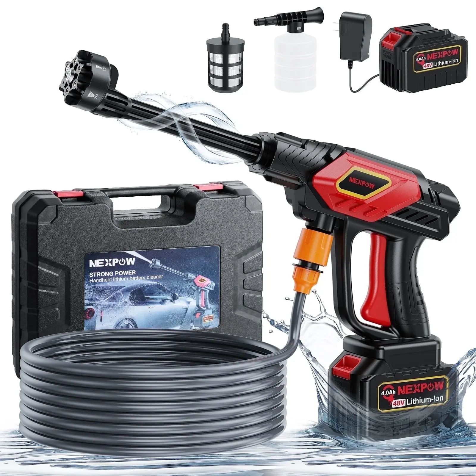 NEXPOW 1000PSI Cordless Pressure Washer, 2.4GPM Portable Power Washer with 6-In-1 Adjustable Nozzle, Power Cleaner with 32.8Ft Hose for Cars/Patios Nexpow