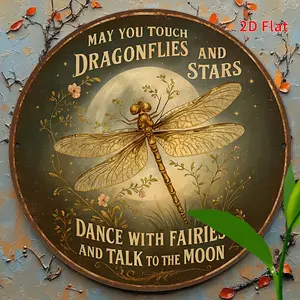 2D Flat, 1pc Vintage Victorian Metal Tin Sign - Dragonfly, Floral Moonlit Night Sky Wall Art with "May You Touch Dragonflies and Talk to the Moon" Quote - Dark Background & Floral Border - Durable Aluminum Indoor/Outdoor Decoration for Farmhouse, Porch, L