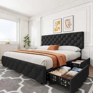 Garvee - Marco de Cama tamaño King con 4 cajones de Almacenamiento y cabecero Ajustable, Cama tapizada de Lino con Plataforma, botón Cosido de Diamante, no Necesita somier, Color Negro