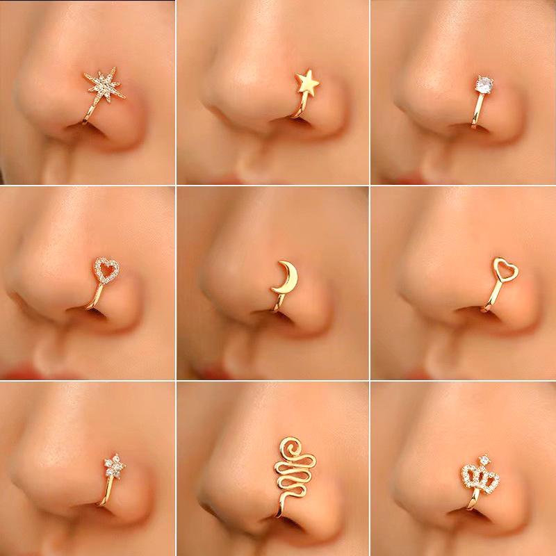 PolarEve 9pcs Non-Piercing Copper Nose Rings U Star Love Crown Zirconia Shapes Punk Rhinestone Clip-On Gold Nose Protection Bracelet Adjustable Jewelry Unisex