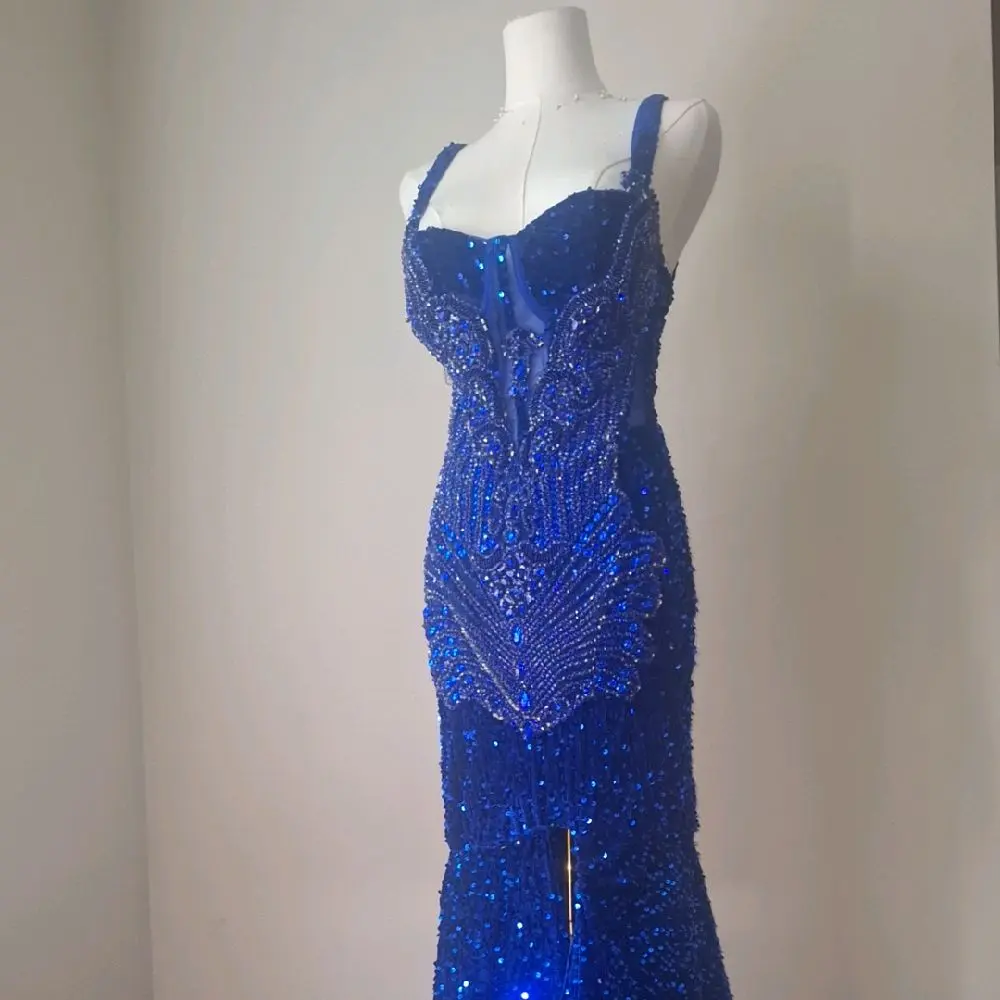 Custom-Made Luxury Blue Sequin Prom Dress With Leg Split