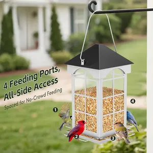 Metal collapsible outdoor bird feeder, capacity 3.8 pounds, 4 feeding ports - All-weather durable hanging bird feeder, suitable for finches, bluebirds, sparrows, and wildlife - Easy-to-fill anti-overflow design, no need for batteries/power, pest-resistant