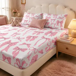 3-Piece Pink Bow Fitted Sheet Set, 11" Deep Pocket Bottom Sheet (No Flat Sheet), Coquette & Preppy Room Decor