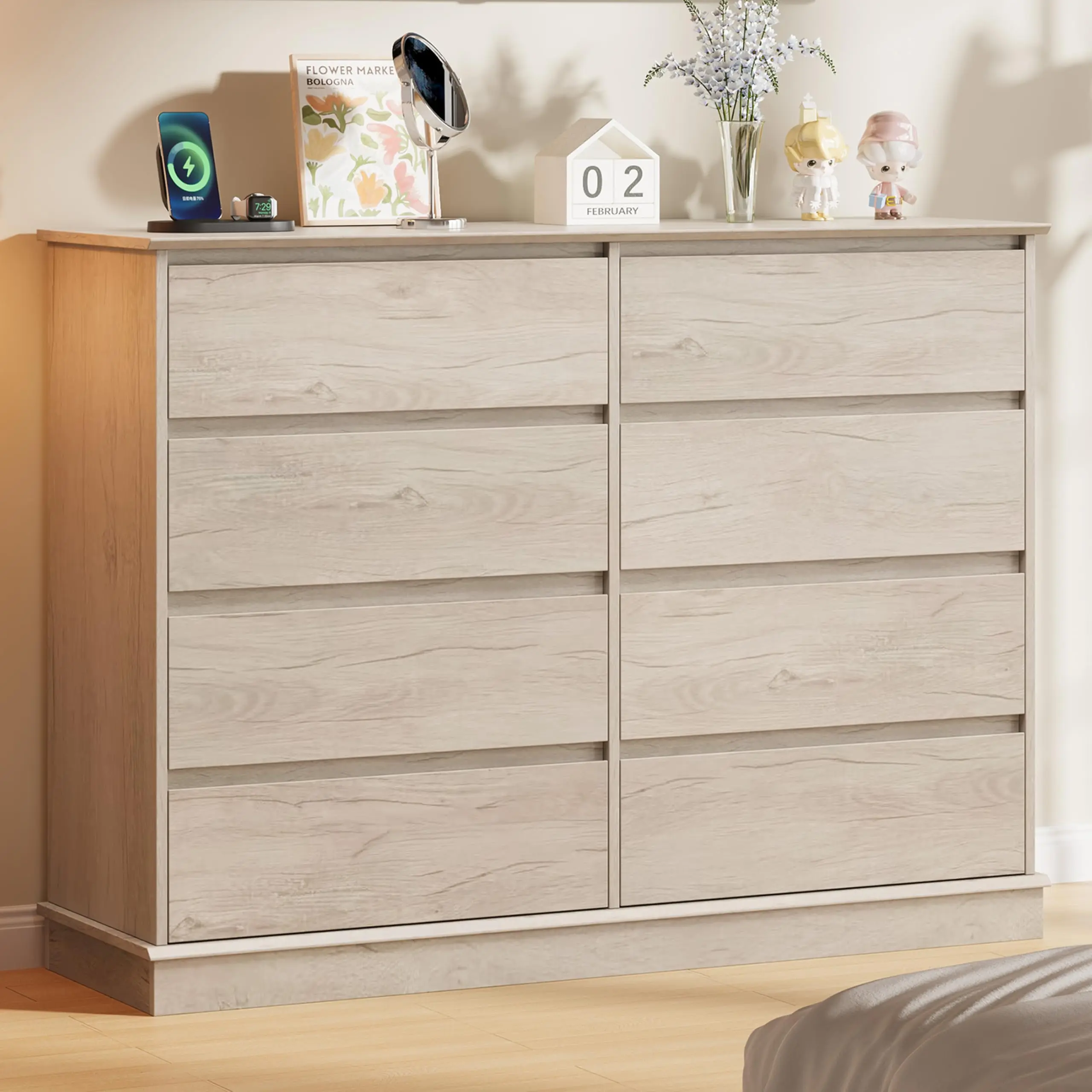 Garvee 8 Drawer Double Dressers for Bedroom and Living Spaces, Featuring Deep Drawers, Wide Tops, and Horizontal Wooden Design in Oak and Black Finishes, Ideal for Closets, Hallways, Entryways, and Offices