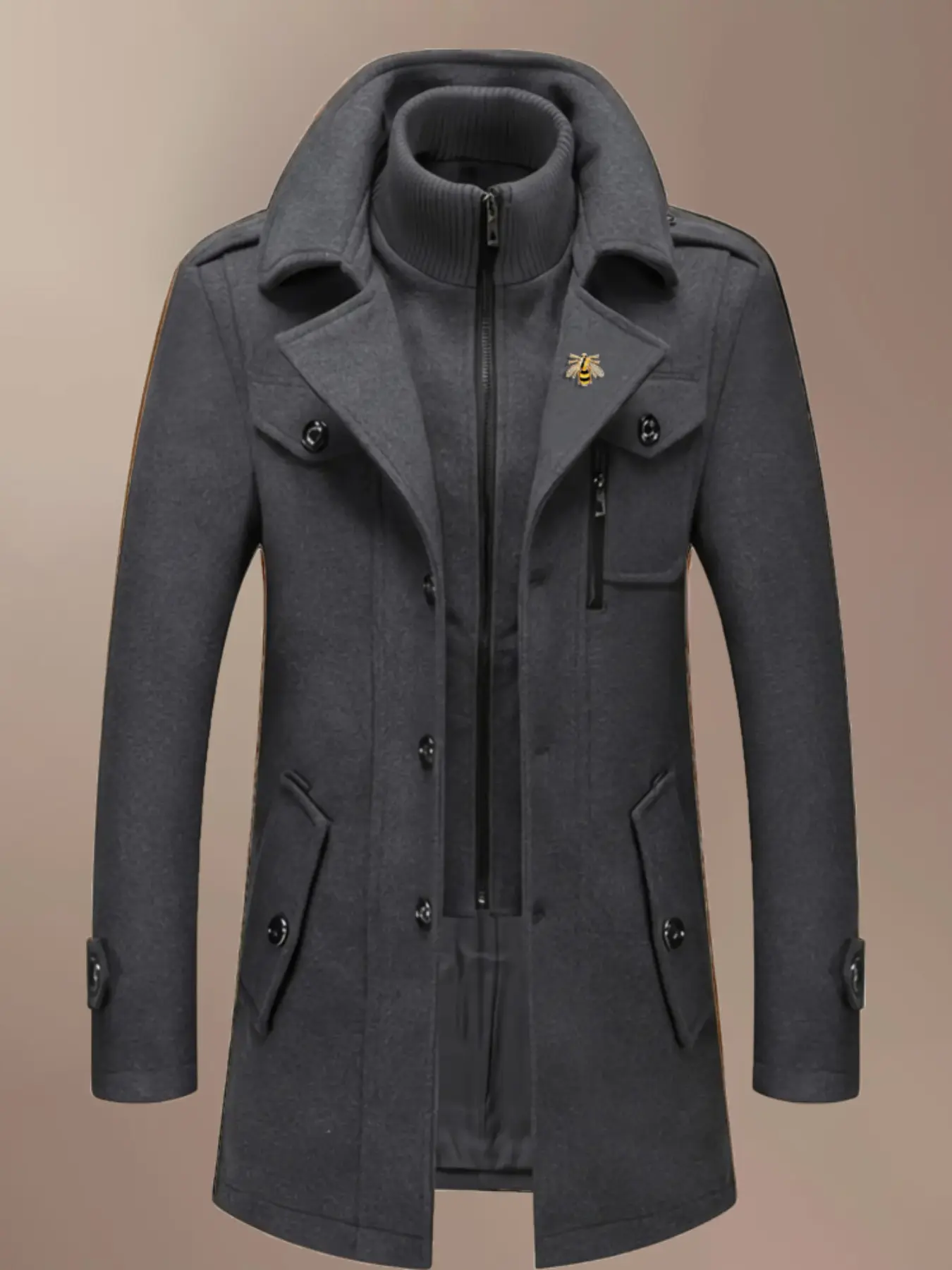 Men's Fashion Double Collar Mixed Fiber Long Coat, Zipper and Pocket Design, Warm and Durable, Suitable for Business or Casual Autumn/Winter, Casual Jacket, Casual Fashionable Jacket, Jacket with Pockets, Functional Outerwear