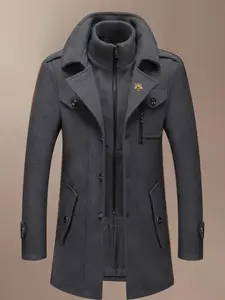 Men's Fashion Double Collar Mixed Fiber Long Coat, Zipper and Pocket Design, Warm and Durable, Suitable for Business or Casual Autumn/Winter, Casual Jacket