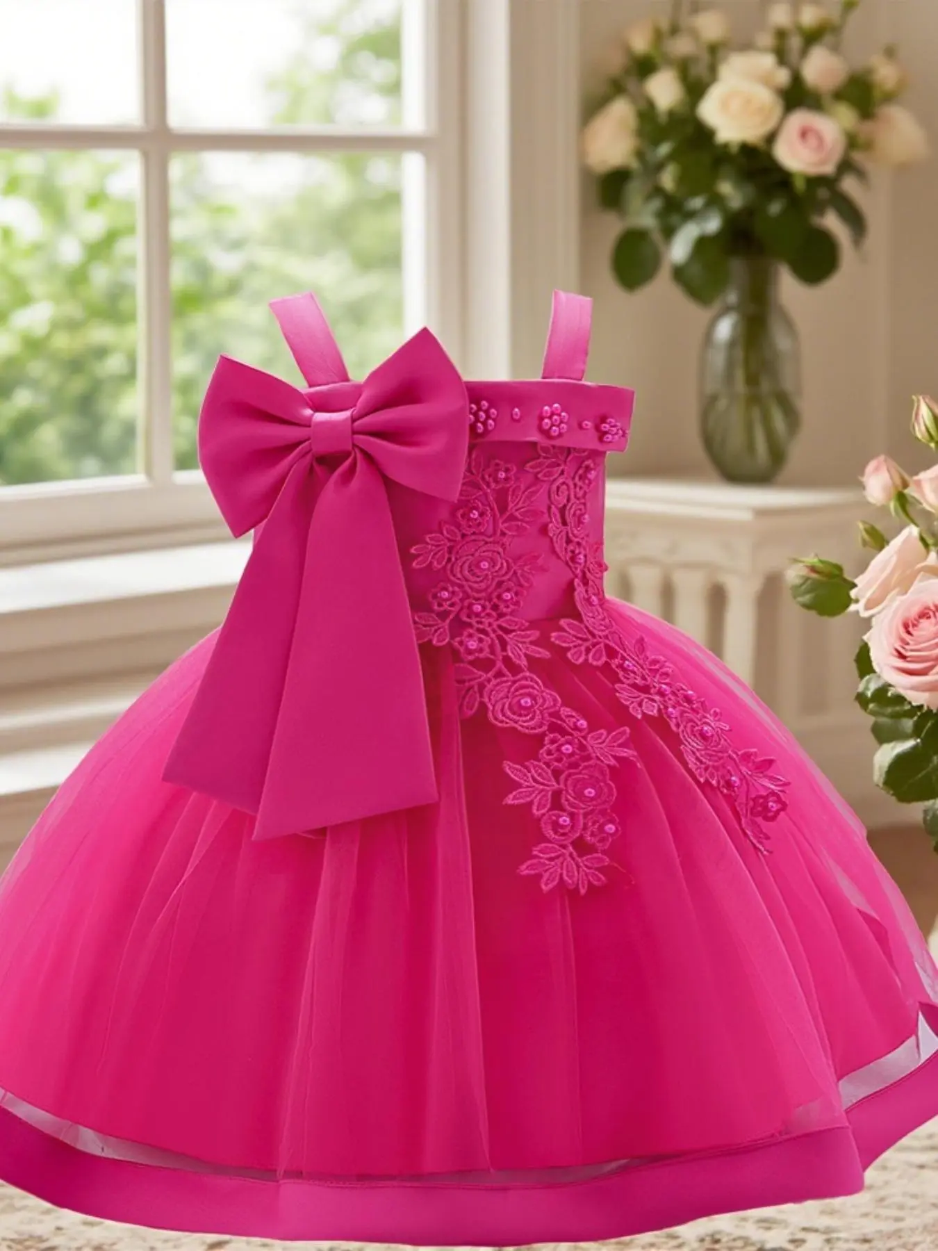 birthday dresses for baby girl 1 year Infant Birthday Dresses Baby Girl Bow Puffy Mesh Princess Dresses First Communion Dress, Pink / 0-6 Months (70cm)