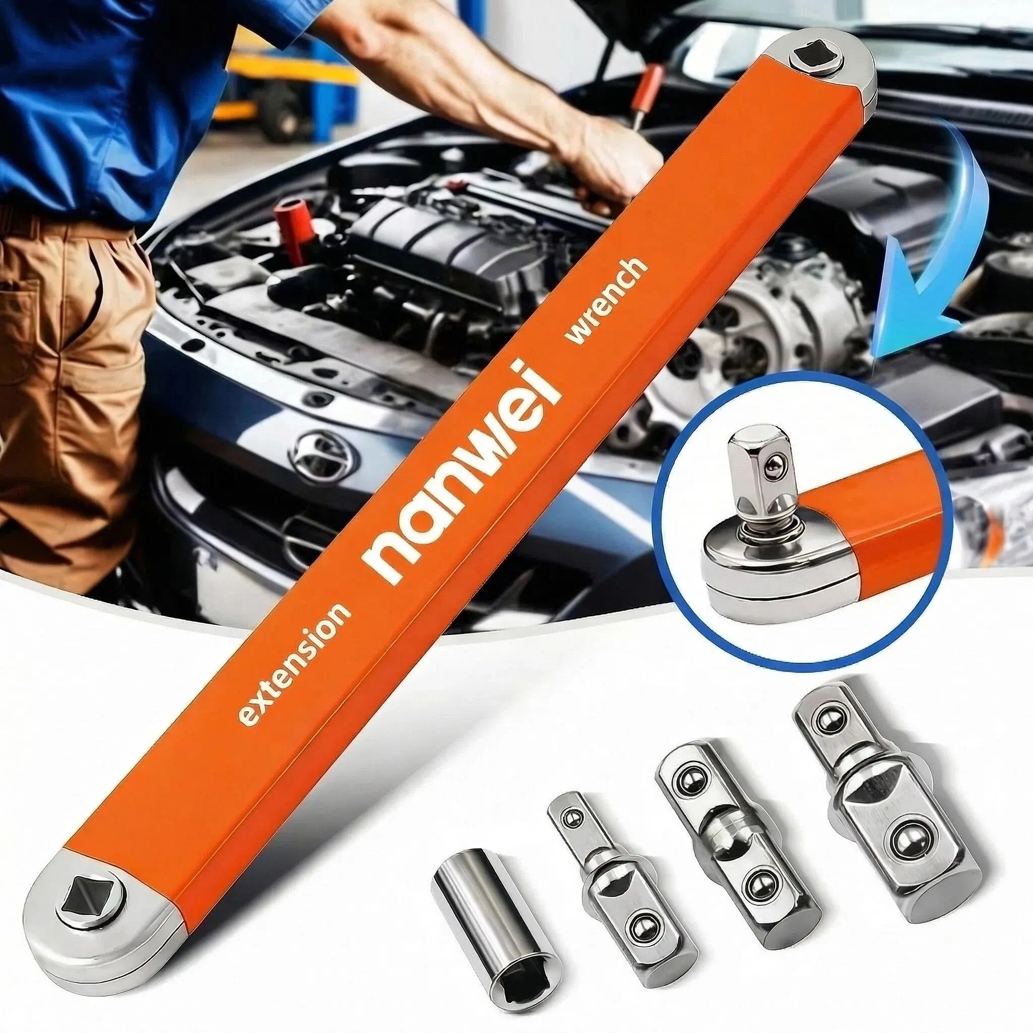 NANWEI Orange Offset Wrench universal Extension Booster Lever Labor Saving Torque Extender Bar With Multi Size Socket Conversion Adapters For Ratchet Wrench Auto Repair Narrow Confined Space Garage Hand Tool, chain drive