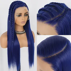 Long Straight Dark Blue Lace Front Wigs for Women 13X4 Free Parting Hair Glueless Heat Resistant Synthetic Lace Frontal Wig for Daily Party Cosplay Use 26 Inch