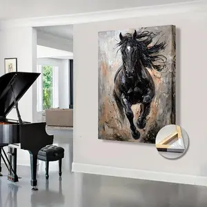 Dynamic Black Horse Canvas Wall Art ModernAbstract Oil Painting with Vibrant Yellow & Golden Accents, BoldContrast Design, Wrapped Canvas Frame for Living Room, BedroomKitchen, Bathroom Decor , Horse Lover Gift,Bedroom Artwork,Horse Decor