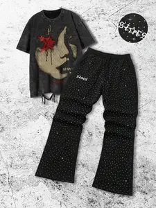 Men's Casual Loose Short Sleeve Two-Piece Set, Graphic Design, Full Cotton Material, Rhinestone Pants, Street Style, Streetwear, All Seasons