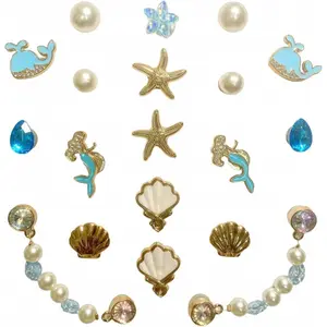19 count Bling Gems Plastic Marine Whale Sea Starfish Shell Charms, Blue Sparkling Rhinestones Pearl Chain DIY Shoe Decoration Charm for Women's Party Favor-USA