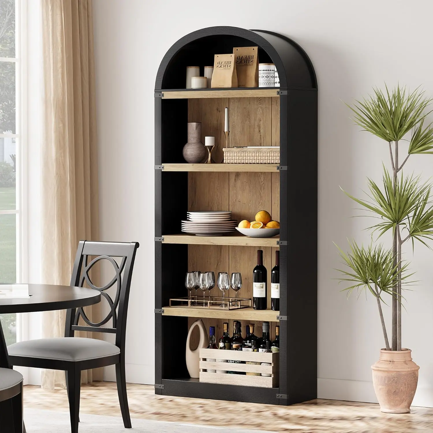 Arched 5-Tier Wooden Bookcase with Doors – 71.65in Tall Storage Bookshelf – Farmhouse Style Cabinet for Home Office, Living Room, Bedroom