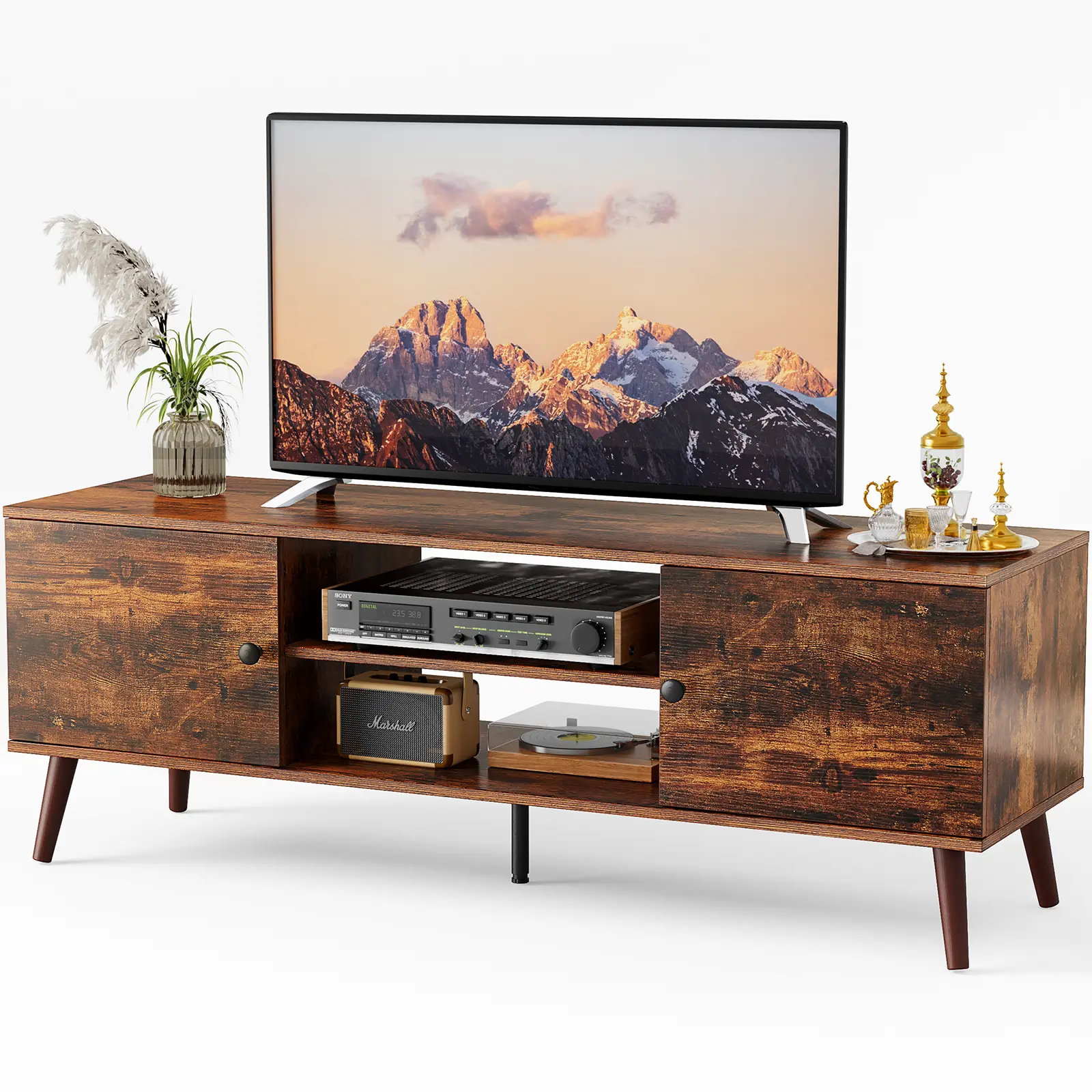Heavy Duty 150lbs TV Stand with 3 Adjustable Shelves - Modern Rustic Media Console for 55-60" TVs, Cable Management & Silent Hinges - Easy Assembly Kit Included (Black/ Rust brown)
