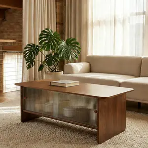 47" Rectangular Modern Minimalist Coffee Table with A Storage Cabinet Featuring Glass Sliding Doors, Suitable for Living Rooms, Bedrooms and Offices, Easy to Assemble (Brown)