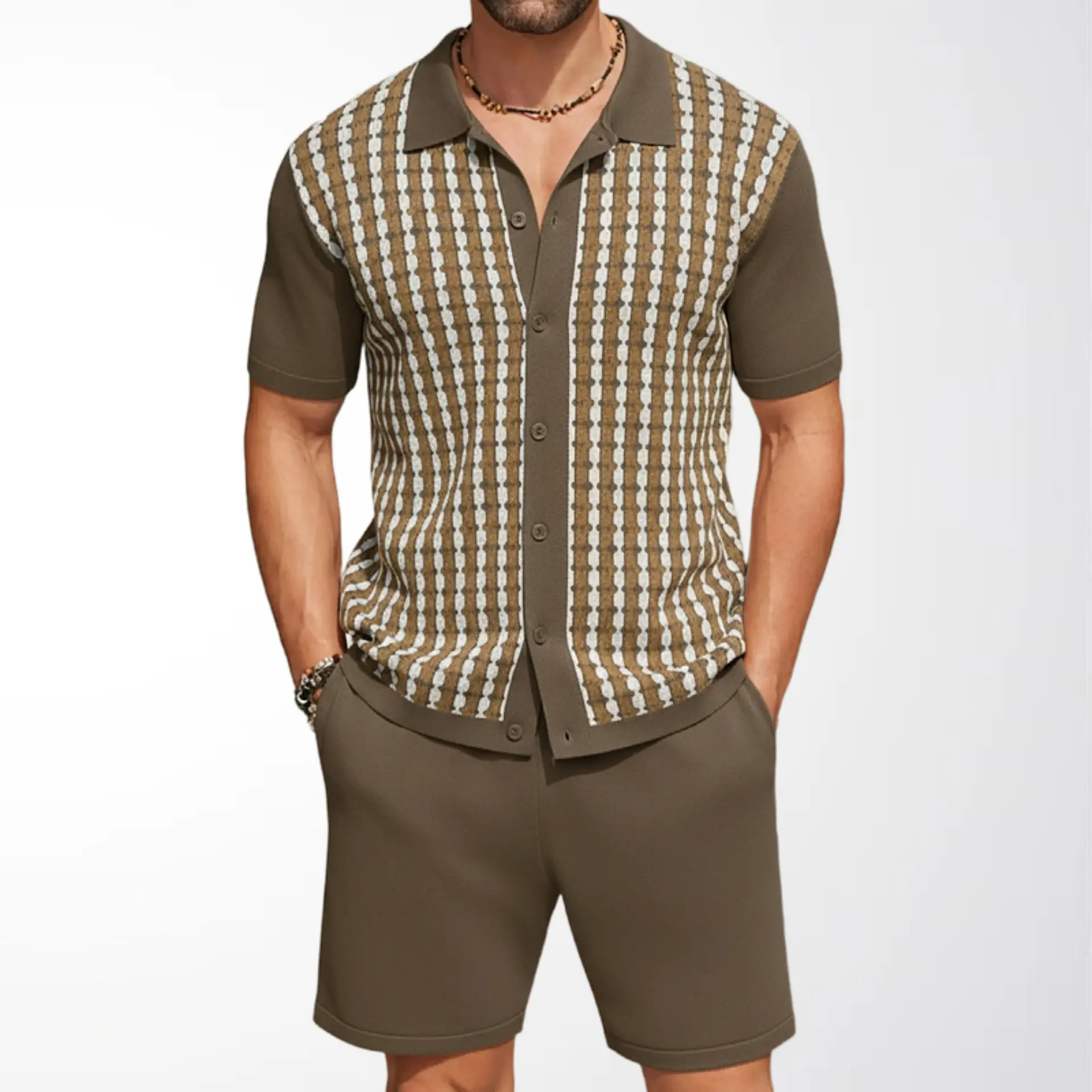 Men's Olive Green & White Checkered Short Sleeve Shirt with Matching Shorts Set