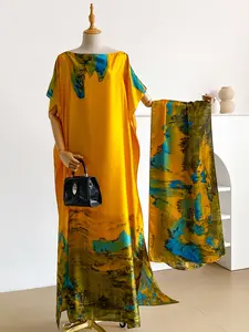 Elegant Landscape Print Robe Set with Shawl Collar Dress & Headscarf, Women's Beach Cover Up Sun Protection Satin Scarf, Swimsuit Cover Up
