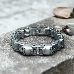 GTHIC Two Skulls Stainless Steel Biker Bracelet for Men Women Statement Jewelry Daily Wear