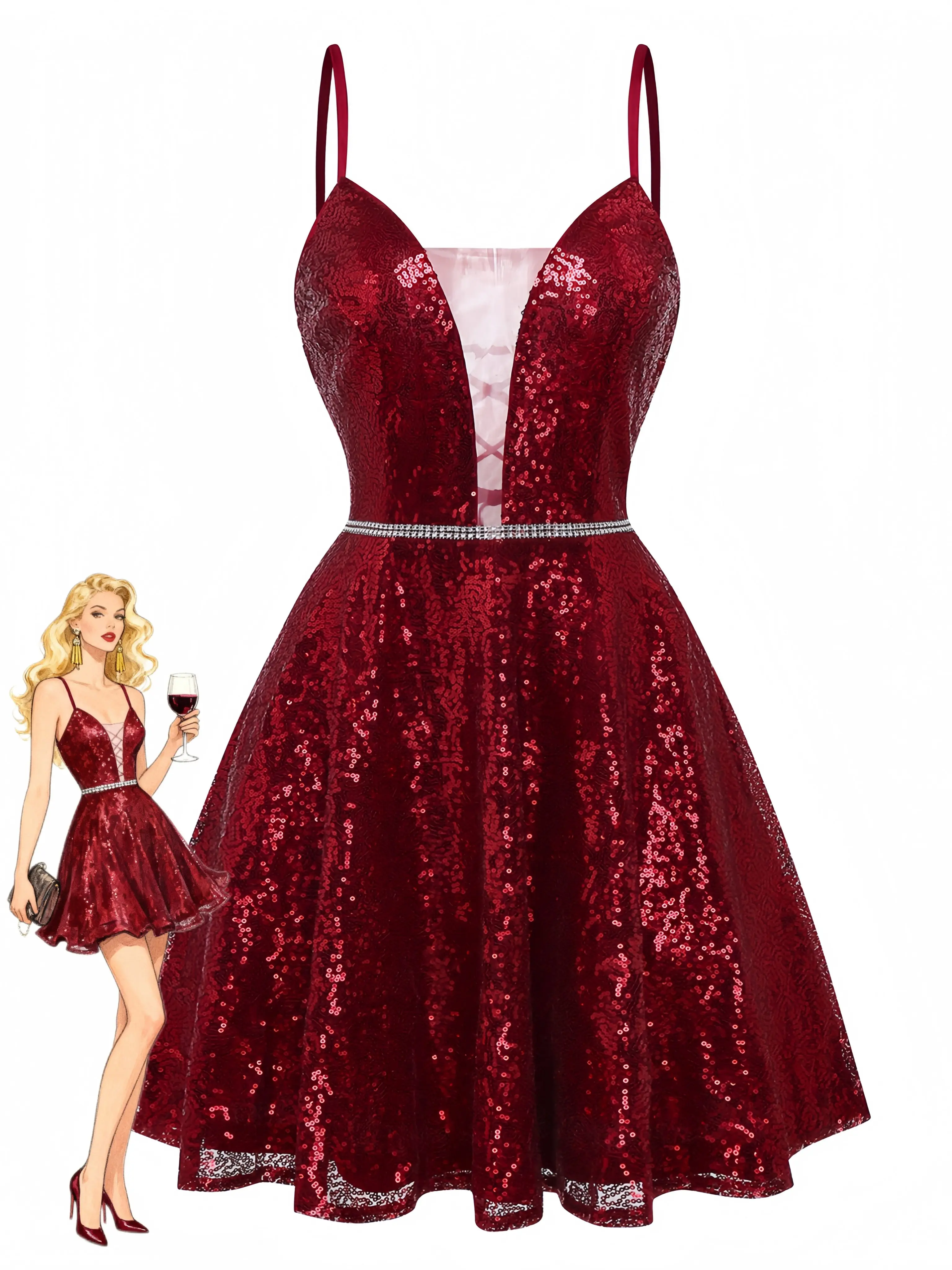 Wine Red 1950s Sequin Deep-V Mesh Dress Formal Party Graduation Dress Prom womensummer dresses vacation outfits Wine Red 1950s Sequin Deep-V Mesh Dress Formal Party Graduation Dress Prom womensummer dresses vacation outfits