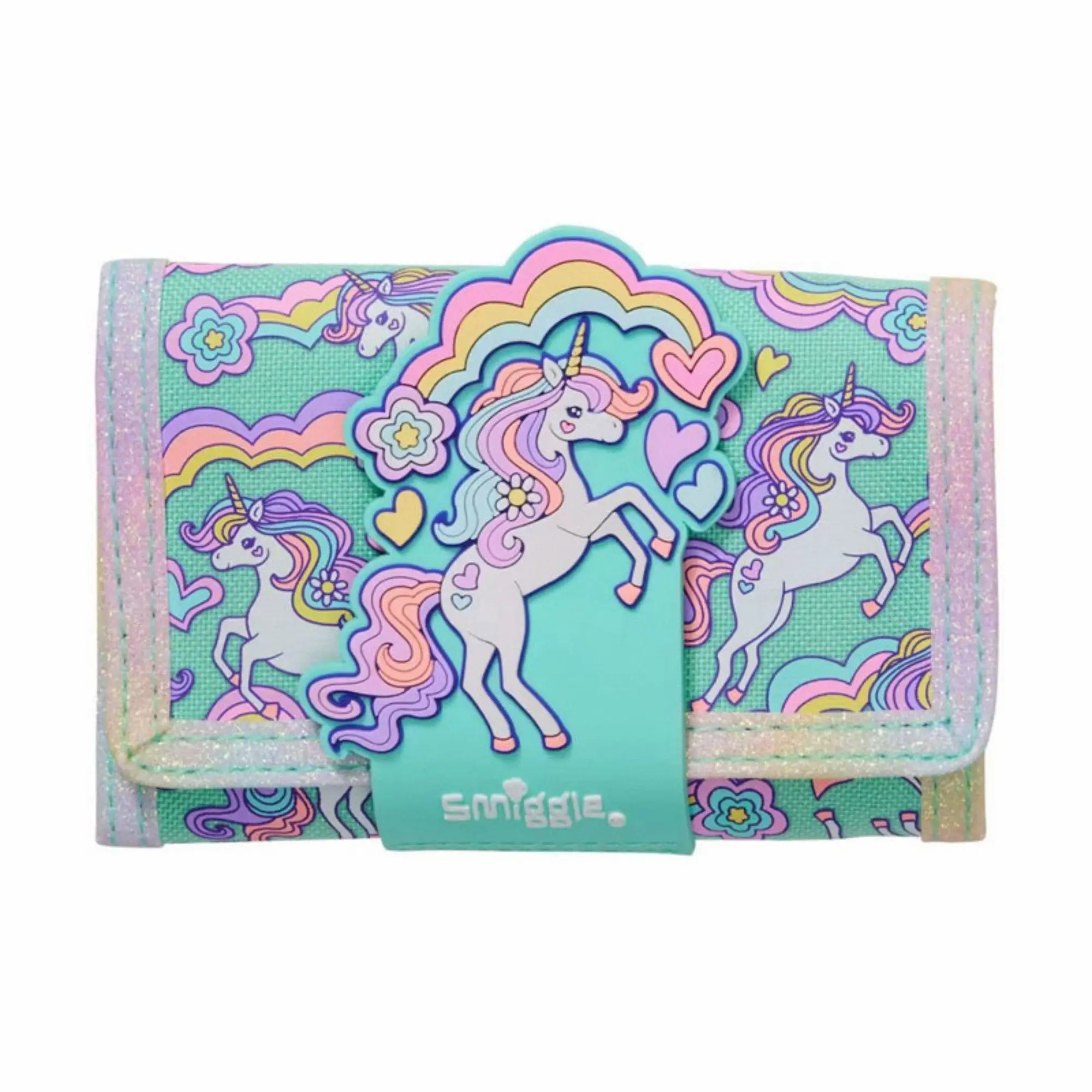 Smiggle Mint Green Rainbow Unicorn Trifold Wallet - Cute Glitter Purse Card Cash Holder Gift for Girls