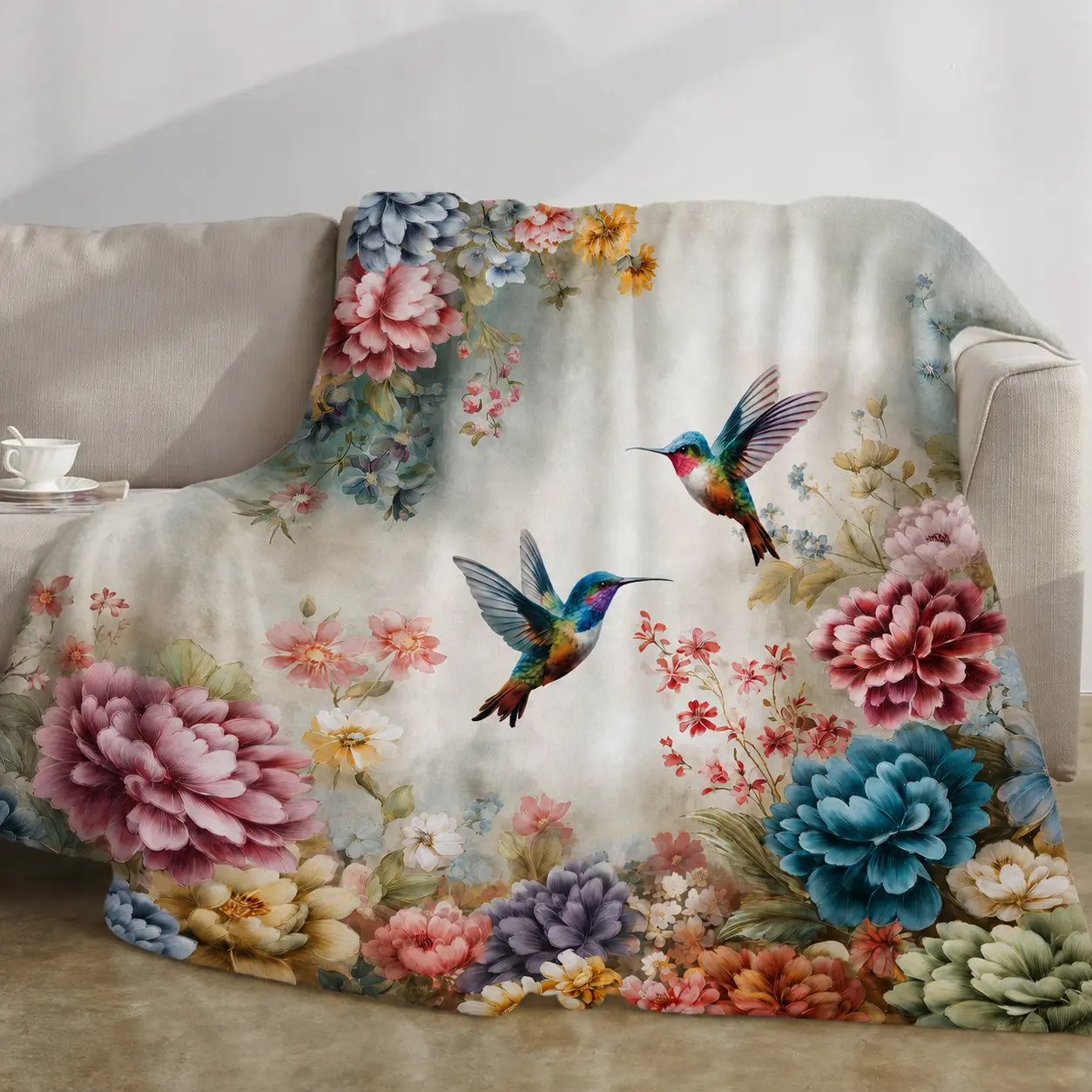 Hummingbird Flower Blanket Gifts for Bird Lover, Raven & Backyard Birds Design, Soft Flannel Throw for Couch Bed, Nature Lover Gift