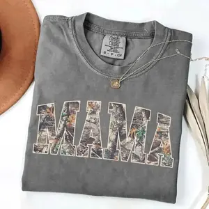 Comfort Colors Hunting Mama T-Shirt, Camo Mama Shirt, Mother's Day Gift, Camouflage Mama T-Shirt, Varsity Mama Shirt, Retro Mam Shirt