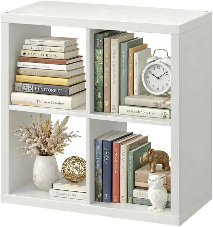 4-Cube Storage Organizer Shelf, Wooden Bookcase Display Cabinet, Modern Cube Storage Unit for Living Room, Bedroom, Office & Closet, White