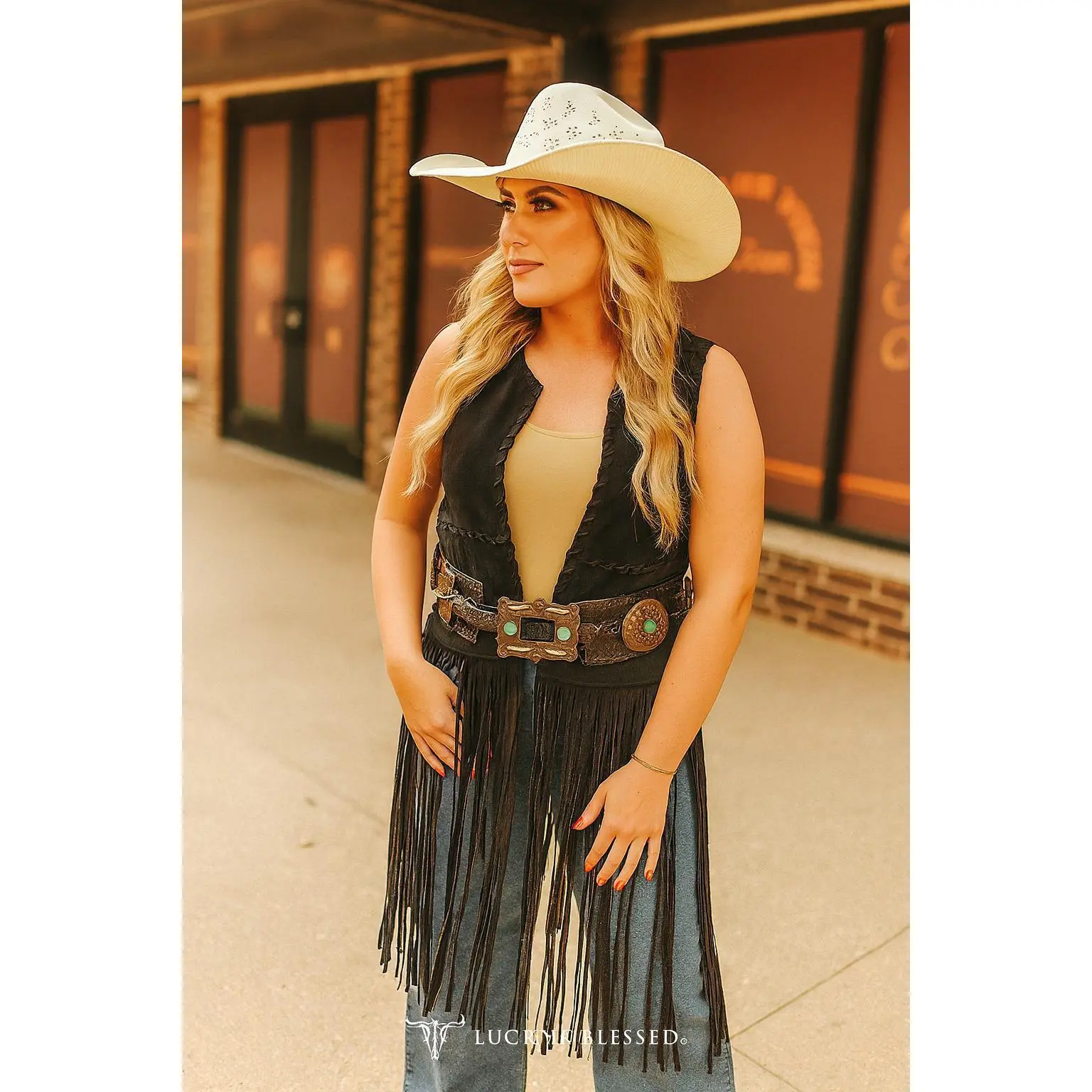 L&B Apparel Women's Faux Suede Vest, Western Style with Long Fringe, Lightweight Sleeveless V-Neck for Rodeos & Concerts, Fashion, Spandex, Breathable, Comfortable, Deep Black, Western Vest, Midnight Mesa, Tops, Soft, Open Front, Whipstitched, Solid