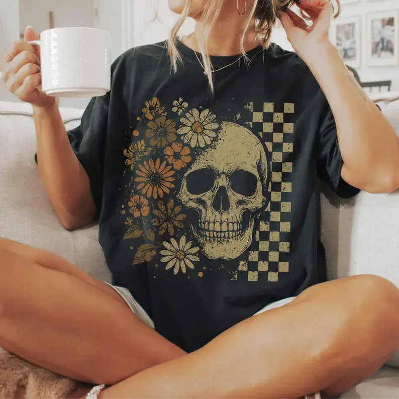 Boho Skull Graphic Tee, Vintage Grunge  Tee, Retro Boho Summerween Shirt, Cute Spooky Halloween Shirt, Spooky Summer Shirt
