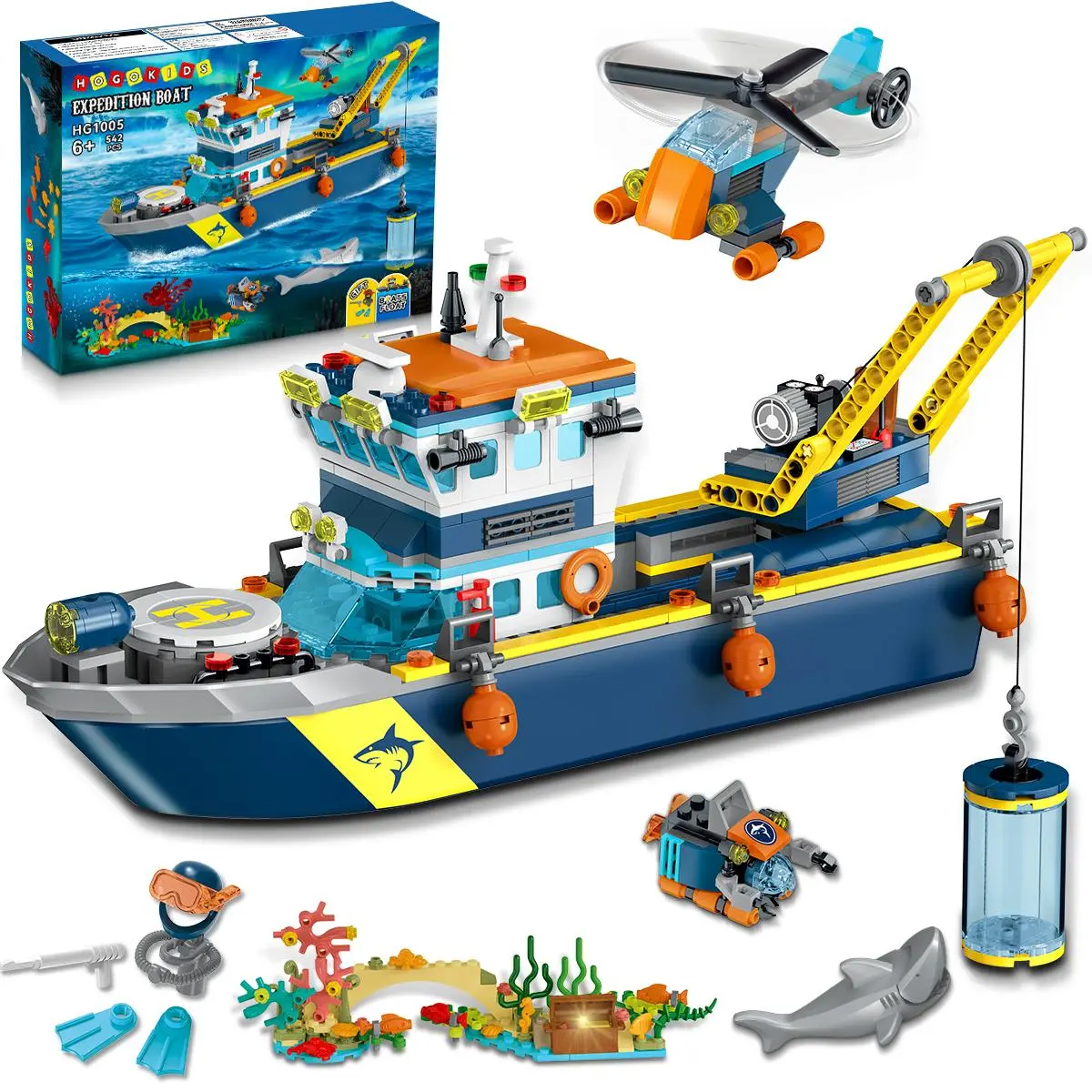HOGOKIDS Unisex City Floatable Model Boat Kit Building Set with LED Light, Bricks, Helicopter, Sub, Shark Cage - Arctic Explorer Playset for 6+ Yr Olds