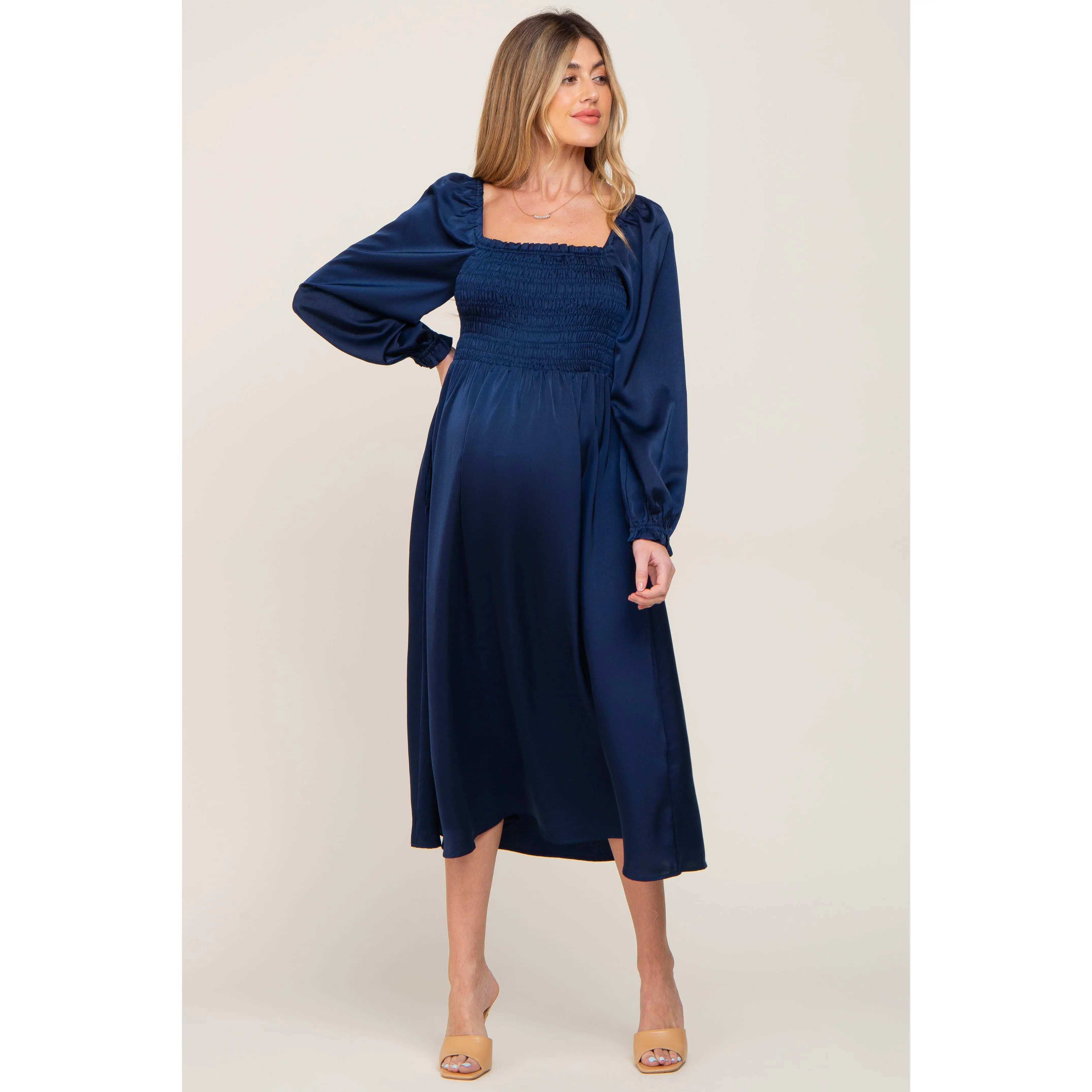 Navy Blue Smocked Square Neck Satin Maternity Midi Dress